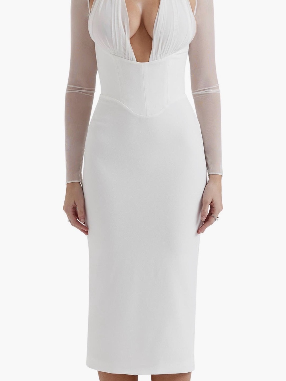 House of CB Red Long-Sleeve Mesh-Panel Midi Dress